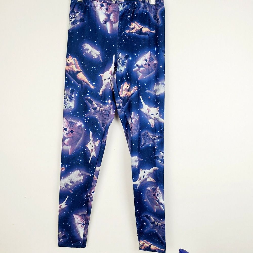 Freeze Women's Galaxy Space Flying Cat Leggings‎ Blue White Stretch Size M